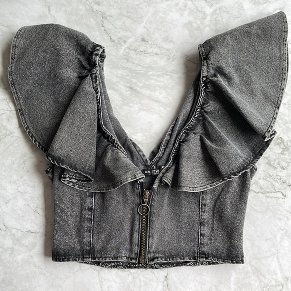 NASTY GAL | Collar Detail Denim Crop Top in Washed Black - Picture 7 of 10